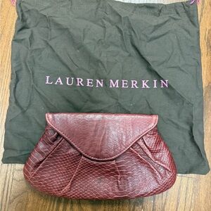 Lauren Merlin snakeskin embossed small burgundy clutch bag